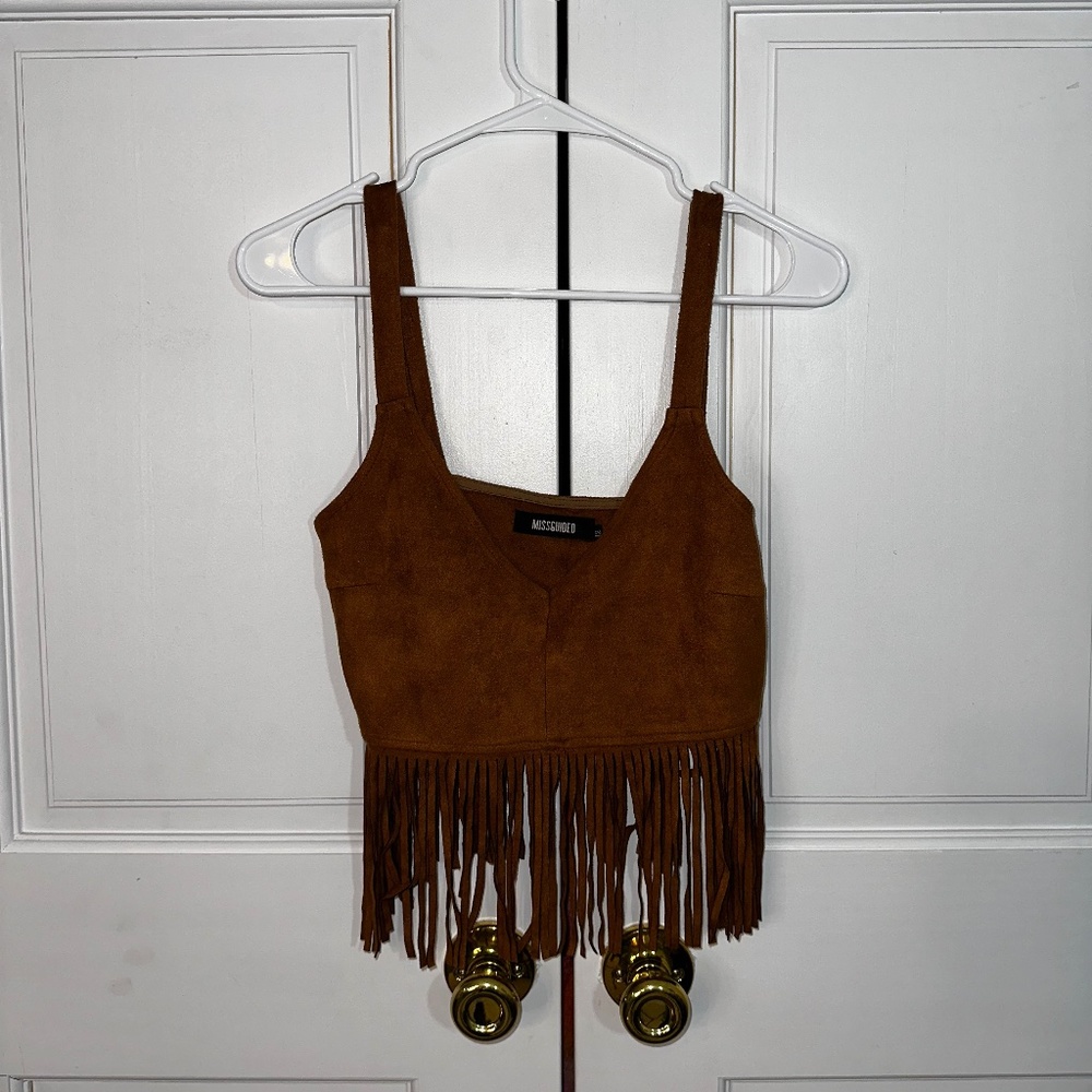 Suede Fringe V Neck Bralet Tan